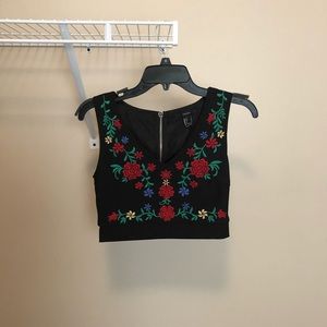 NEW flower embroidered black top